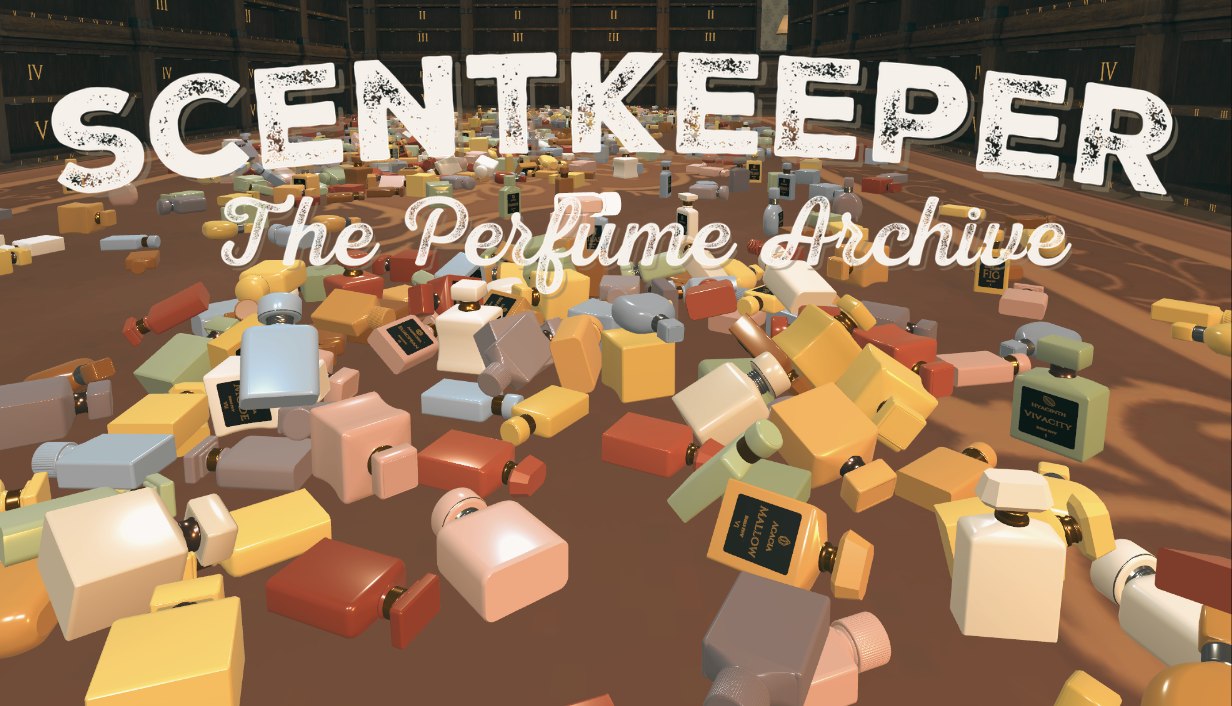 Scentkeeper: Tidy Up the Perfume Archive! — the original game logo above scattered bottles in the current Victorian archive.