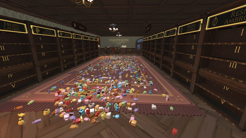 Perfume bottles scattered along a carpet between the archive cabinets.
