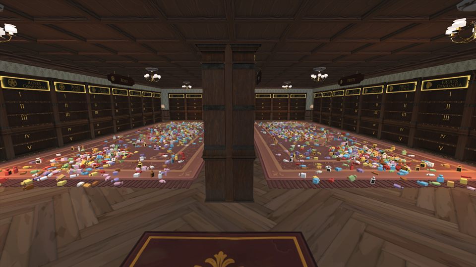 A wide view across the upper gallery, with scattered bottles and empty shelves.