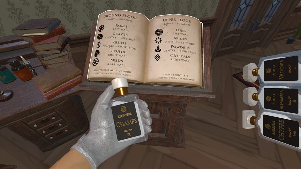 The open archive guide on the desk, with a labelled bottle held in front of it.