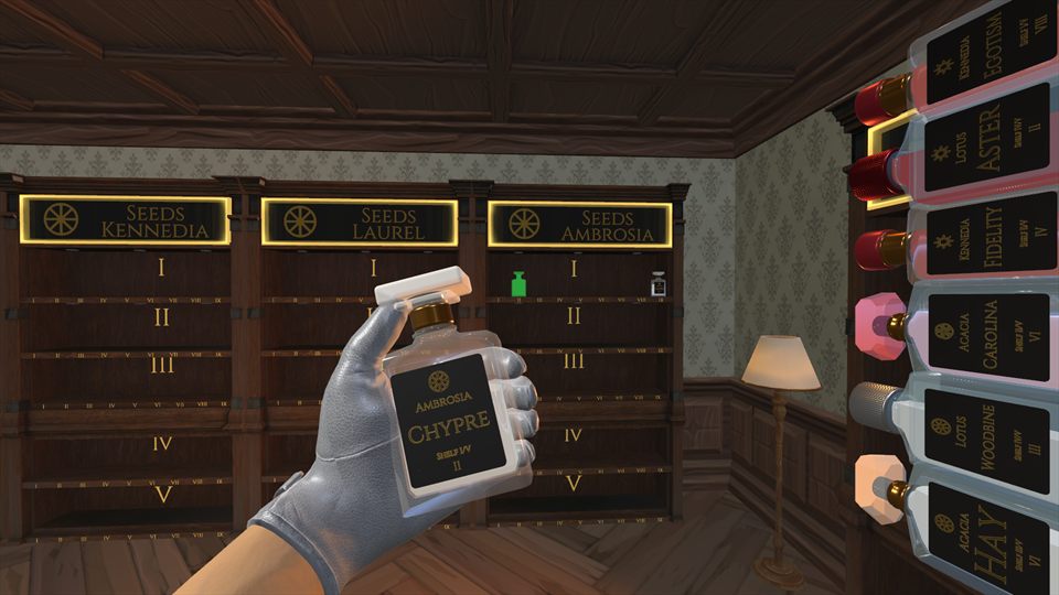A held bottle and its highlighted target shelf in a Roses cabinet.