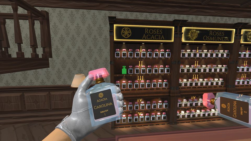A held bottle in front of filled Roses cabinets and an illuminated family sign.
